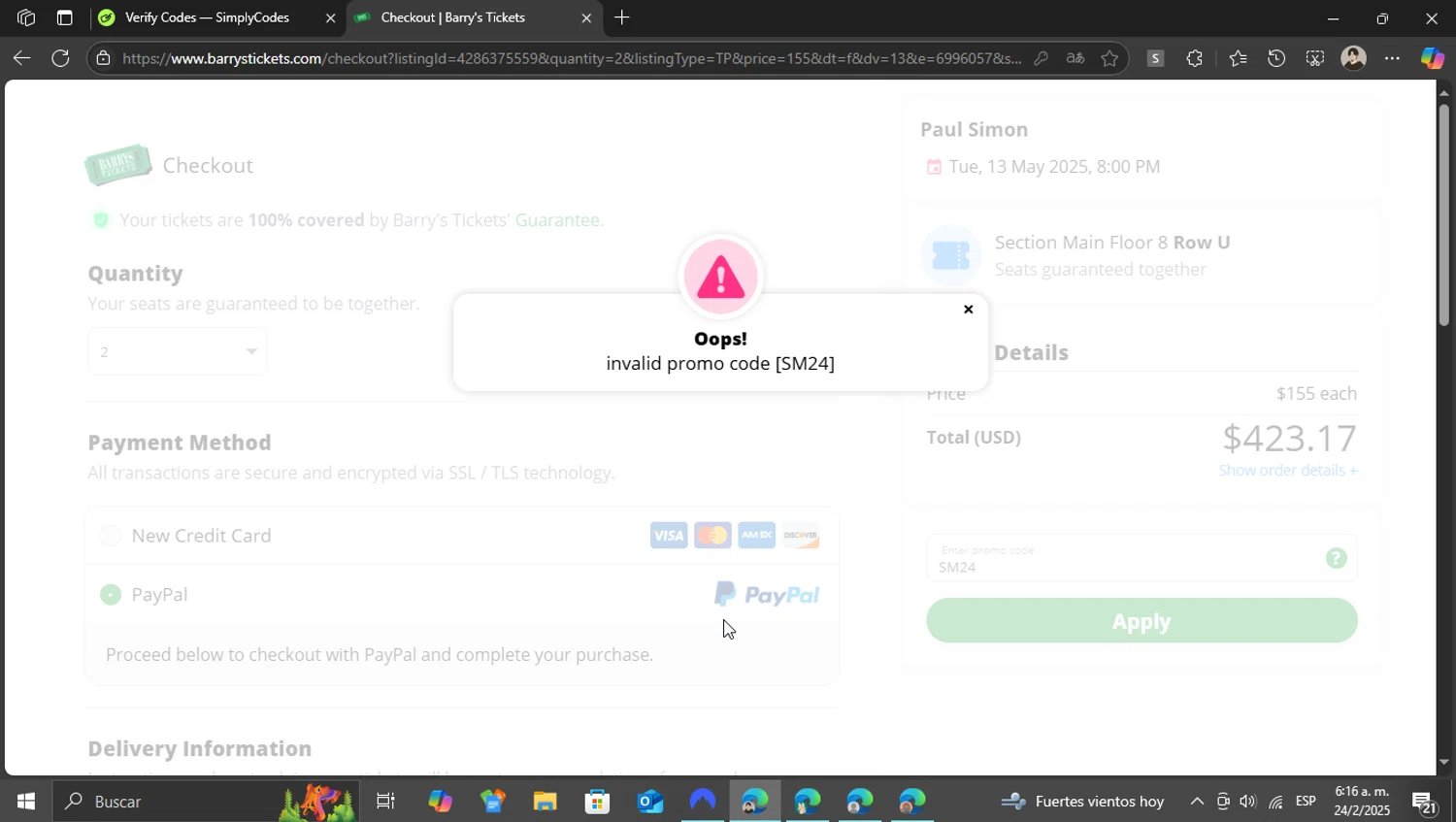 Barry's Tickets promo code screenshot showing code SM24 applied at Barry's Tickets checkout page. Uploaded by SimplyCodes community member WonderKnight7884 on Feb 24, 2025