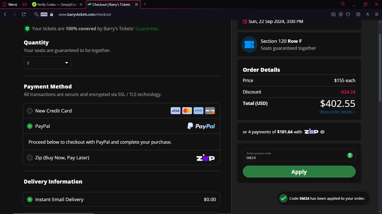 Barry's Tickets checkout page showing Barry's Tickets promo code box | Screenshot taken by SimplyCodes community member on Sep 18, 2024