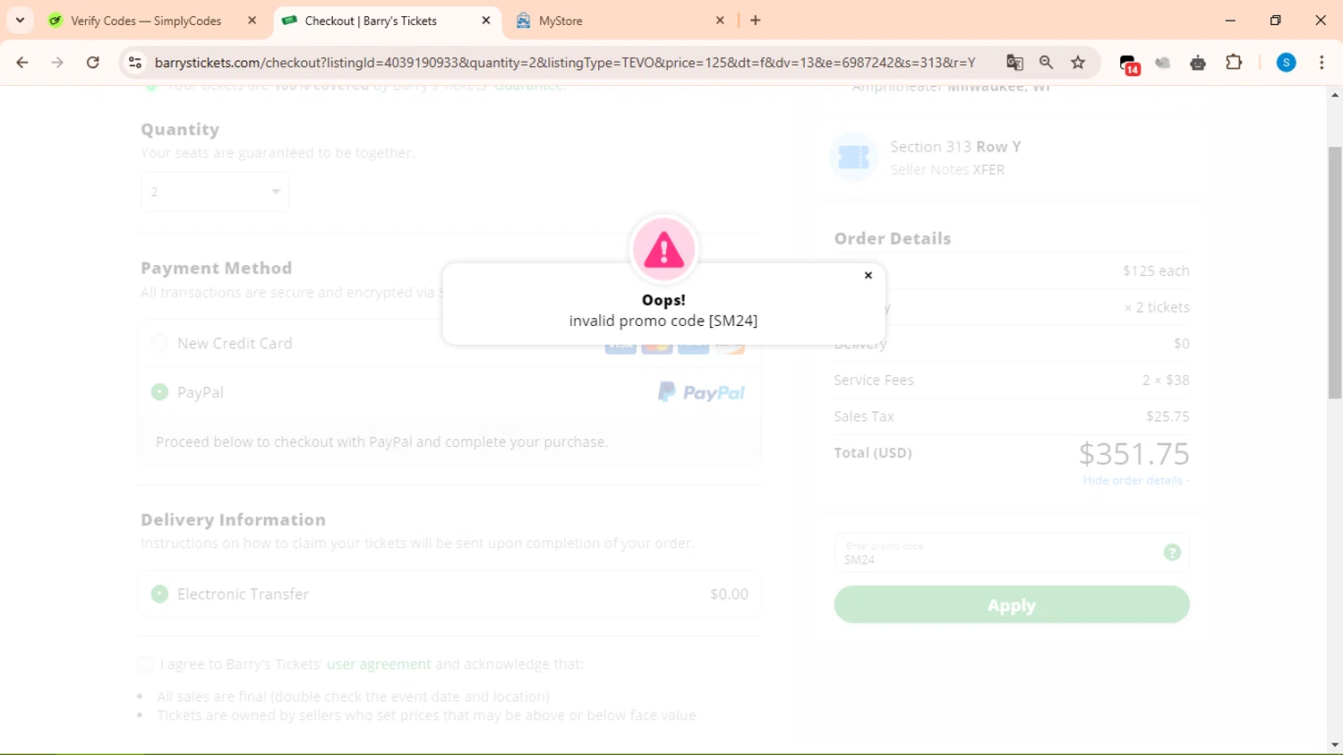 Barry's Tickets promo code screenshot showing code SM24 applied at Barry's Tickets checkout page. Uploaded by SimplyCodes community member uleesesv on Feb 24, 2025