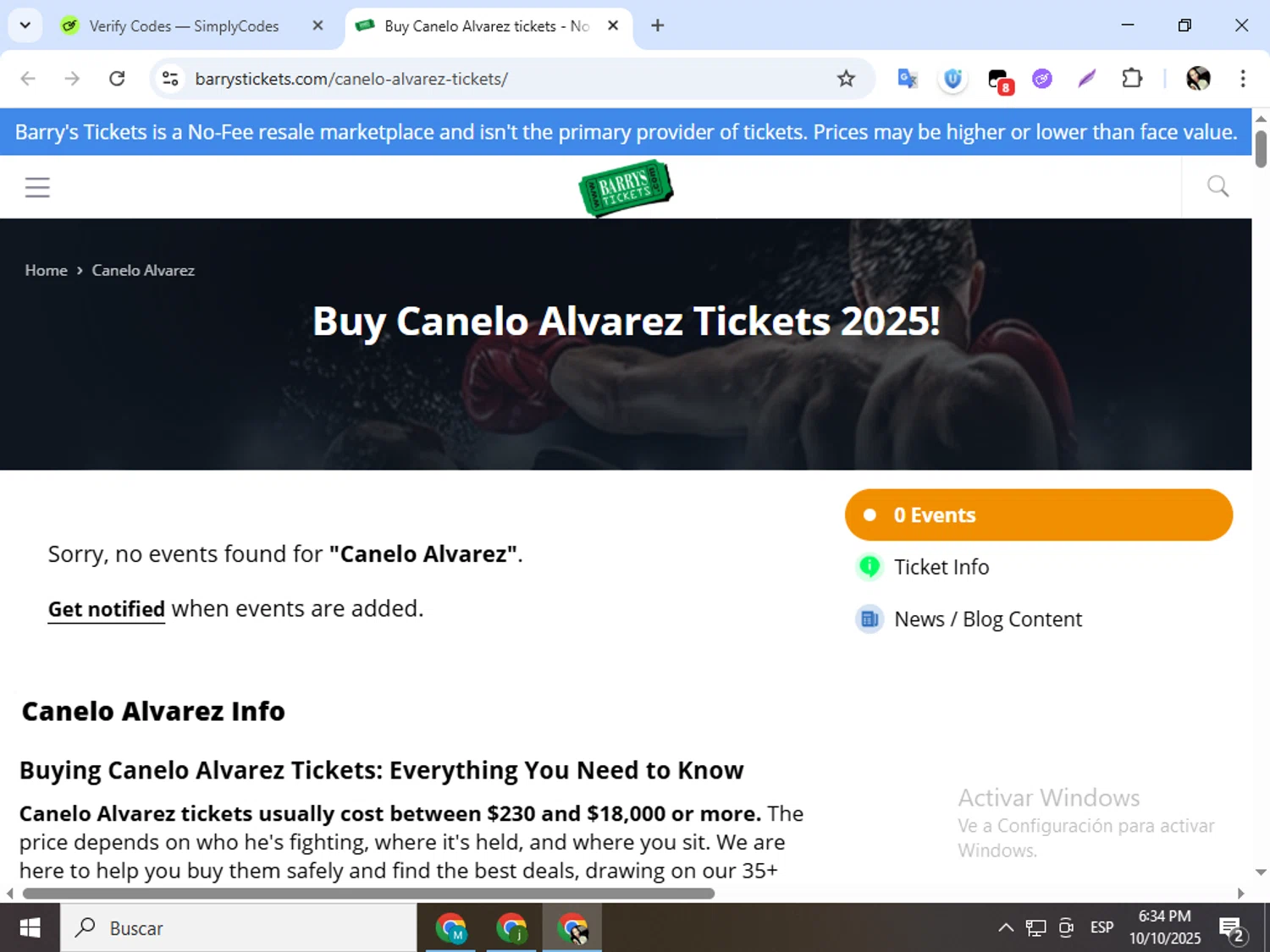 Barry's Tickets promo code screenshot showing code CVC25 applied at Barry's Tickets checkout page. Uploaded by SimplyCodes community member mariapolancog on Oct 10, 2025
