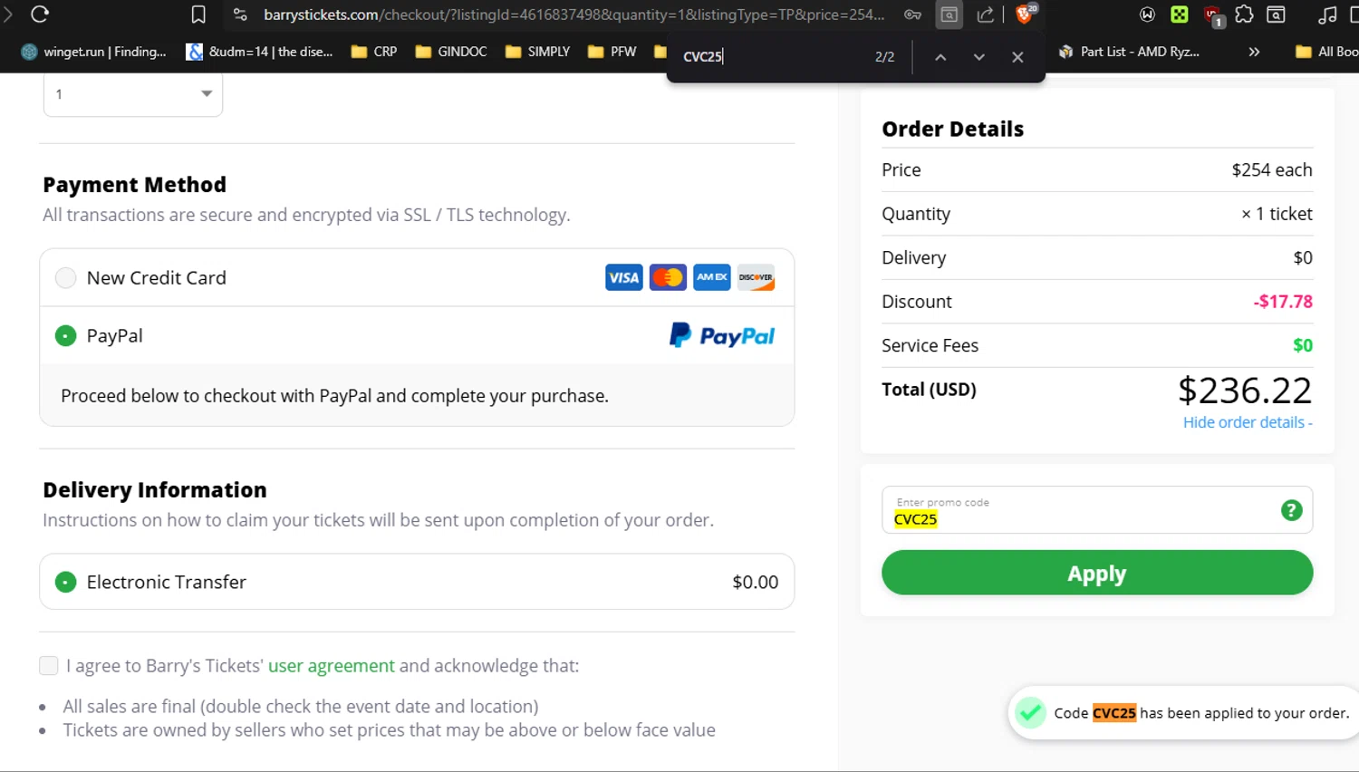 Barry's Tickets promo code screenshot showing code CVC25 applied at Barry's Tickets checkout page. Uploaded by SimplyCodes community member RickhiK on Jul 21, 2025