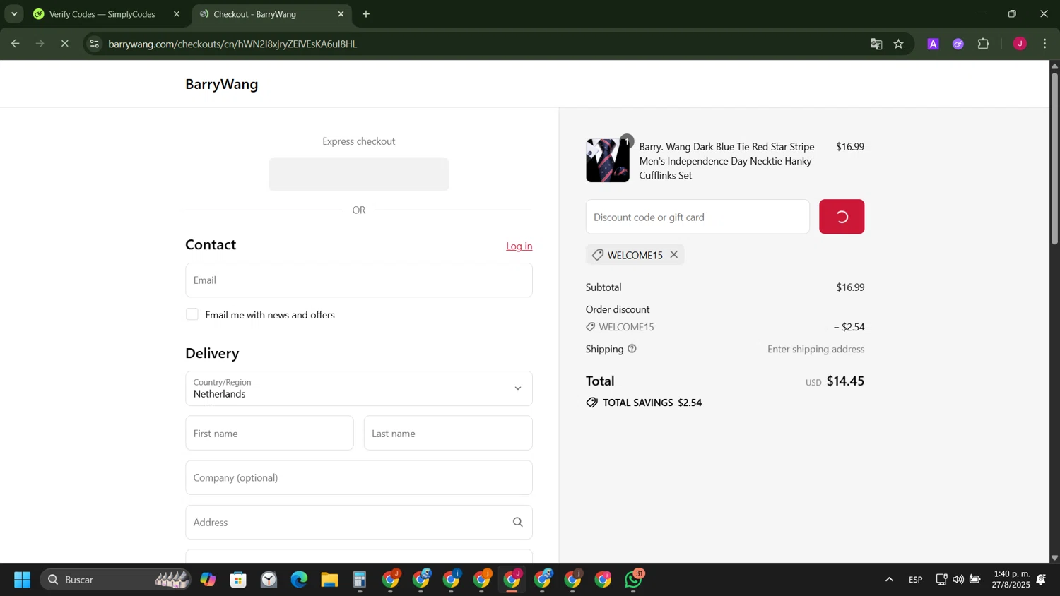 Barry Wang discount code screenshot showing code WELCOME15 applied at Barry Wang checkout page. Uploaded by SimplyCodes community member FrugalFinder745 on Aug 27, 2025