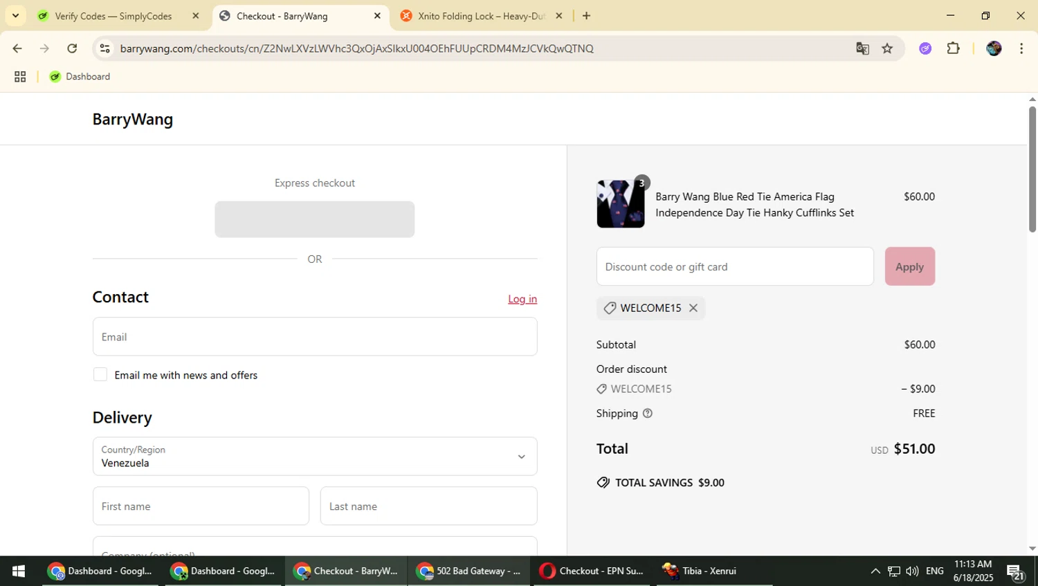 Barry Wang discount code screenshot showing code WELCOME15 applied at Barry Wang checkout page. Uploaded by SimplyCodes community member Typhlosion on Jun 18, 2025