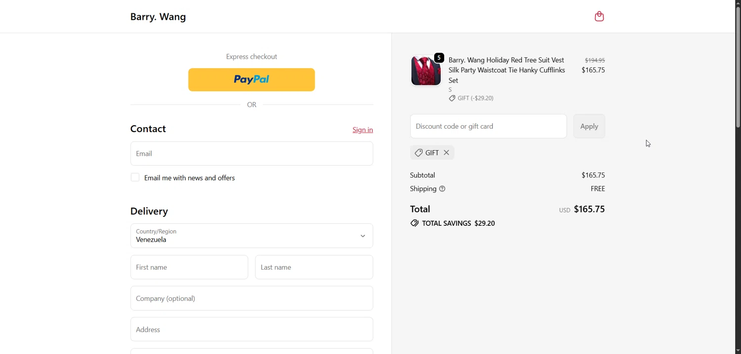 Barry Wang discount code screenshot showing code gift applied at Barry Wang checkout page. Uploaded by SimplyCodes community member Enmanuel99 on Dec 6, 2025