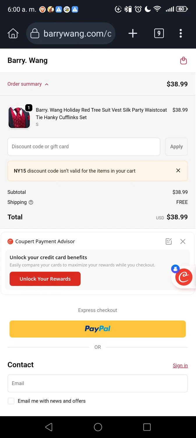Barry Wang discount code screenshot showing code NY15 applied at Barry Wang checkout page. Uploaded by SimplyCodes community member Georg3 on Dec 26, 2025