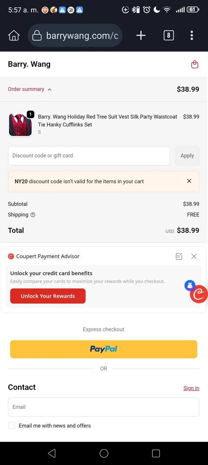Barry Wang discount code screenshot showing code NY20 applied at Barry Wang checkout page. Uploaded by SimplyCodes community member Georg3 on Dec 26, 2025