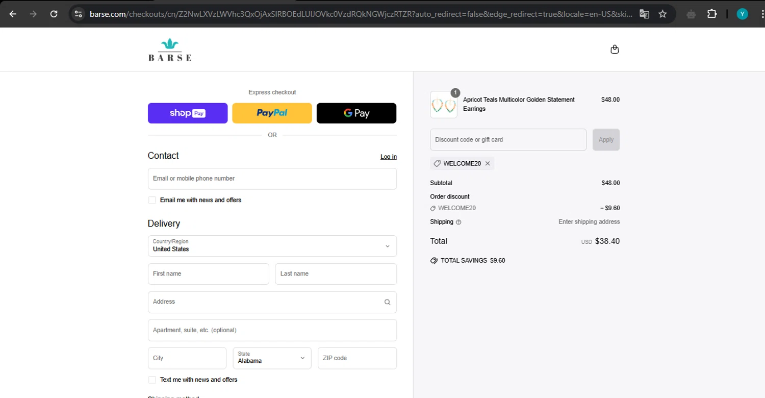 Barse Jewelry promo code screenshot showing code WELCOME20 applied at Barse Jewelry checkout page. Uploaded by SimplyCodes community member ValueTiger695 on May 3, 2025