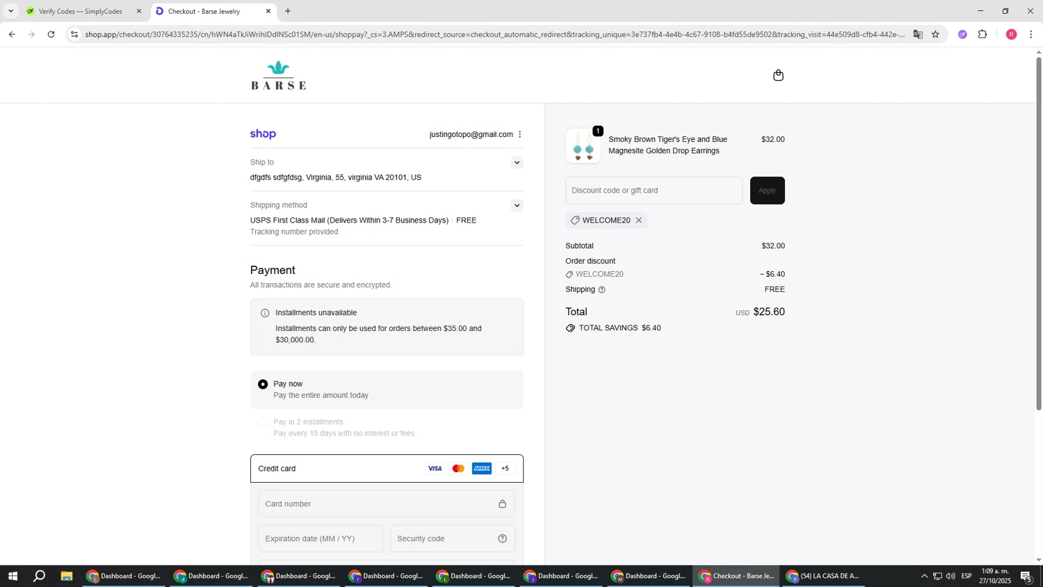 Barse Jewelry promo code screenshot showing code WELCOME20 applied at Barse Jewelry checkout page. Uploaded by SimplyCodes community member TTTT55 on Oct 27, 2025