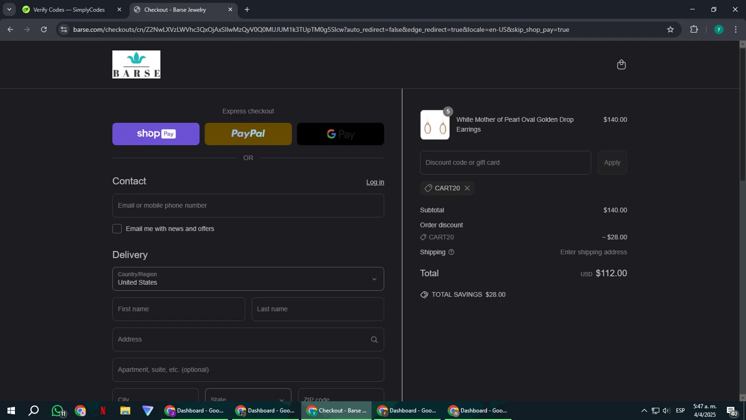 Barse Jewelry promo code screenshot showing code CART20 applied at Barse Jewelry checkout page. Uploaded by SimplyCodes community member FrugalCaptain6906 on Apr 4, 2025