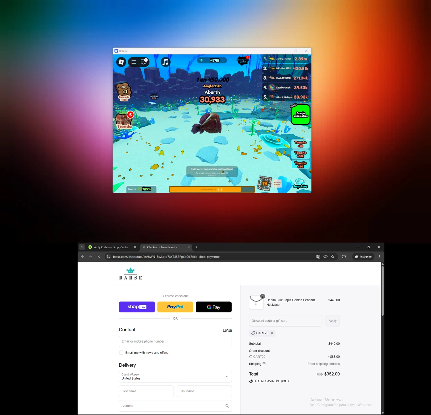 Barse Jewelry promo code screenshot showing code CART20 applied at Barse Jewelry checkout page. Uploaded by SimplyCodes community member SwiftSage2309 on Jul 27, 2025