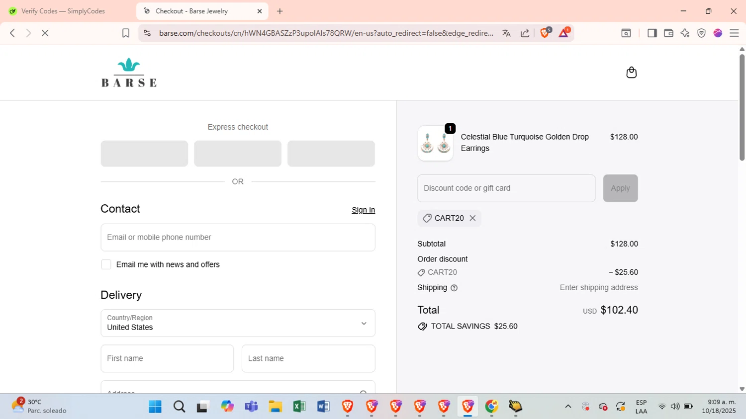 Barse Jewelry promo code screenshot showing code CART20 applied at Barse Jewelry checkout page. Uploaded by SimplyCodes community member VictoriousSage6771 on Oct 18, 2025