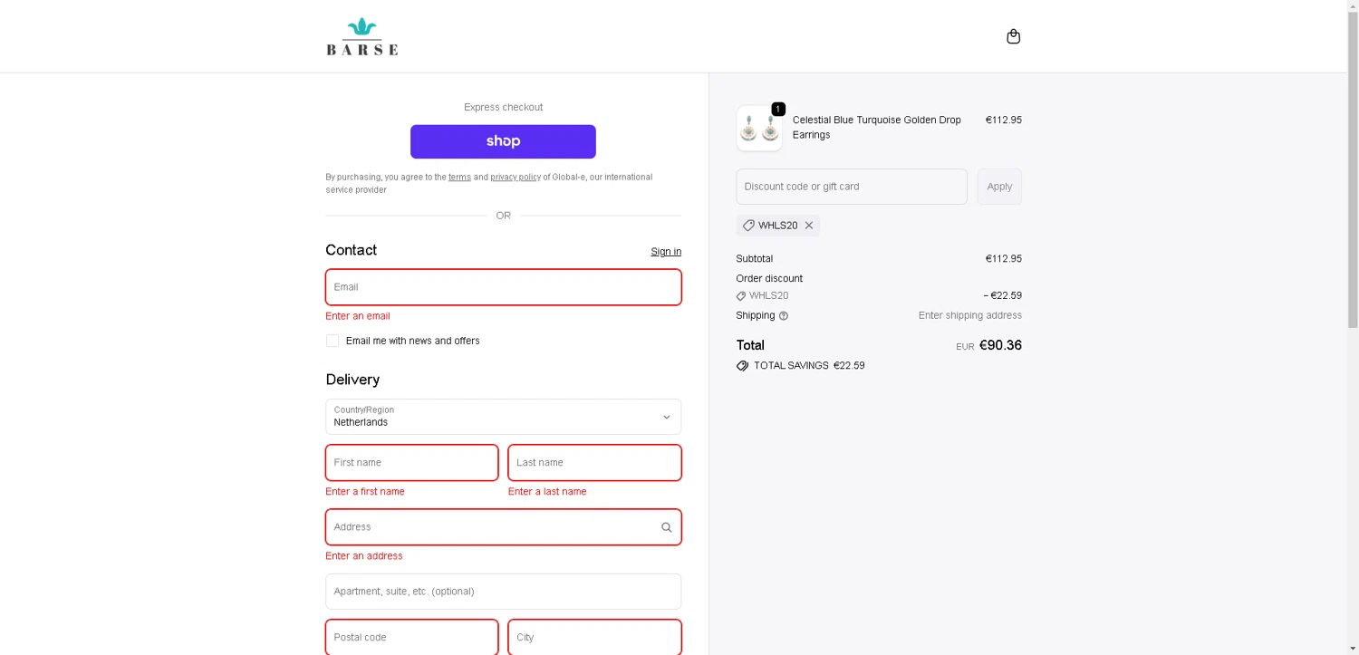 Barse Jewelry promo code screenshot showing code WHLS20 applied at Barse Jewelry checkout page. Uploaded by SimplyCodes community member ExtraordinaryMaven3628 on Oct 18, 2025