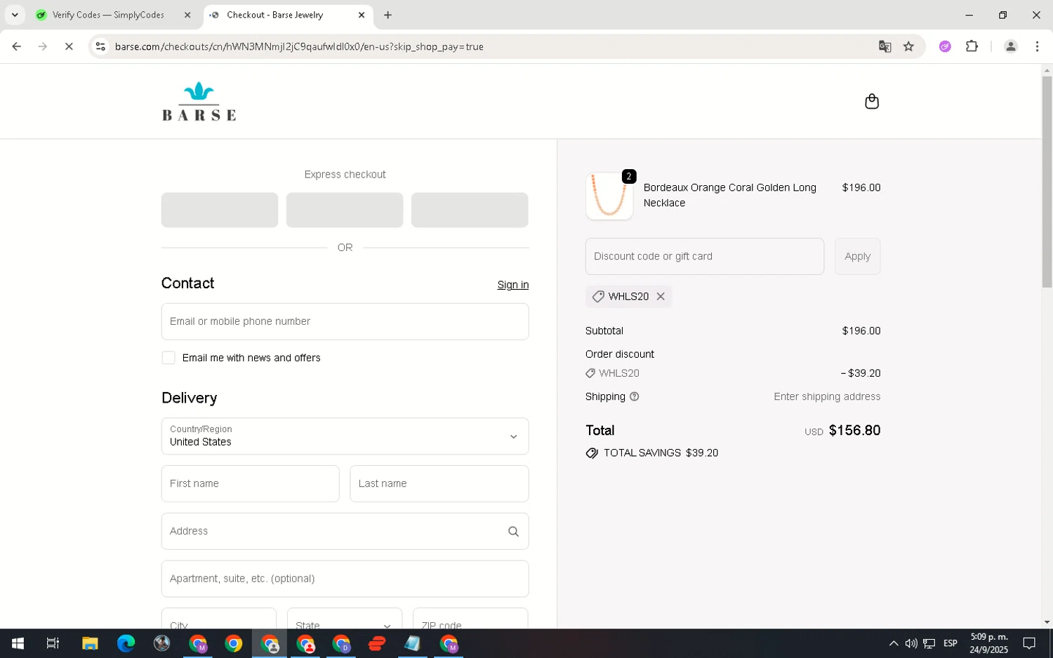 Barse Jewelry promo code screenshot showing code WHLS20 applied at Barse Jewelry checkout page. Uploaded by SimplyCodes community member ScanNavigator5190 on Sep 24, 2025
