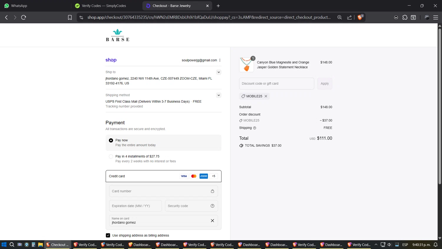Barse Jewelry promo code screenshot showing code mobile25 applied at Barse Jewelry checkout page. Uploaded by SimplyCodes community member SimplyGOAT on Sep 12, 2025
