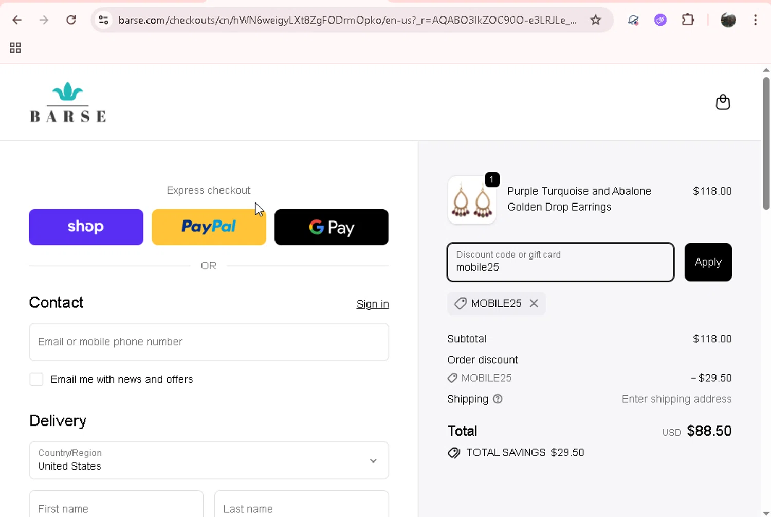 Barse Jewelry promo code screenshot showing code mobile25 applied at Barse Jewelry checkout page. Uploaded by SimplyCodes community member onebullet on Dec 28, 2025