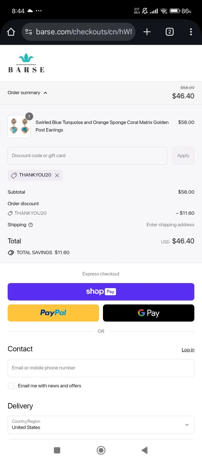 Barse Jewelry promo code screenshot showing code Thankyou20 applied at Barse Jewelry checkout page. Uploaded by SimplyCodes community member Bjhfuhdf on Jul 23, 2025