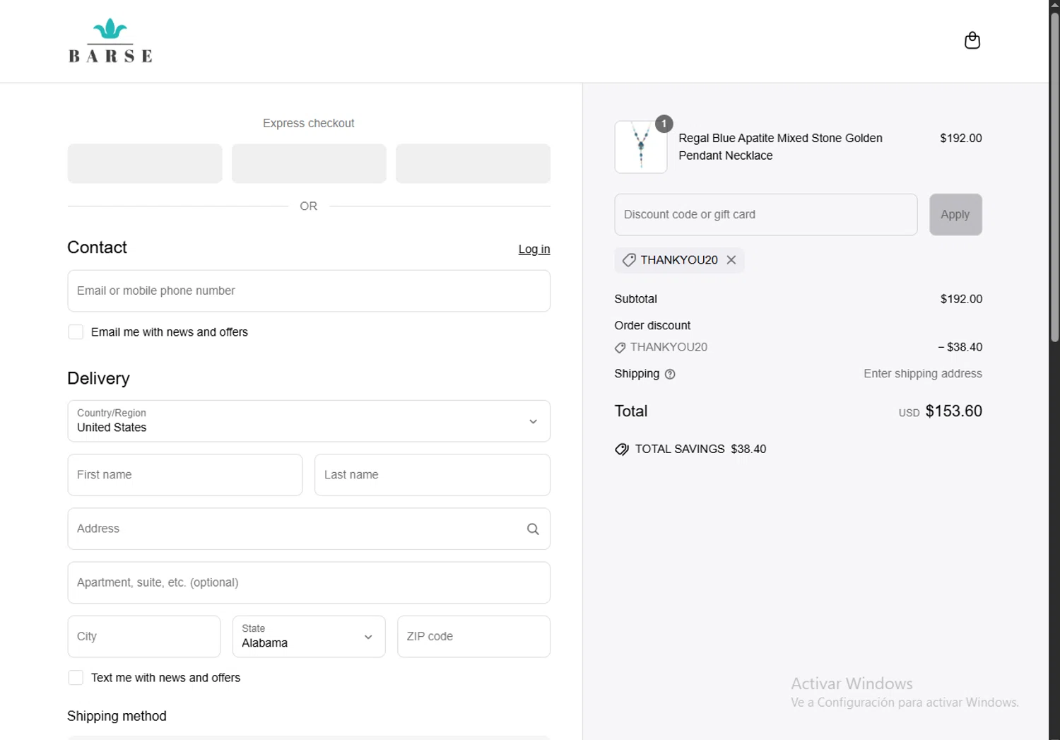Barse Jewelry promo code screenshot showing code Thankyou20 applied at Barse Jewelry checkout page. Uploaded by SimplyCodes community member TreasureHero9595 on Jun 21, 2025