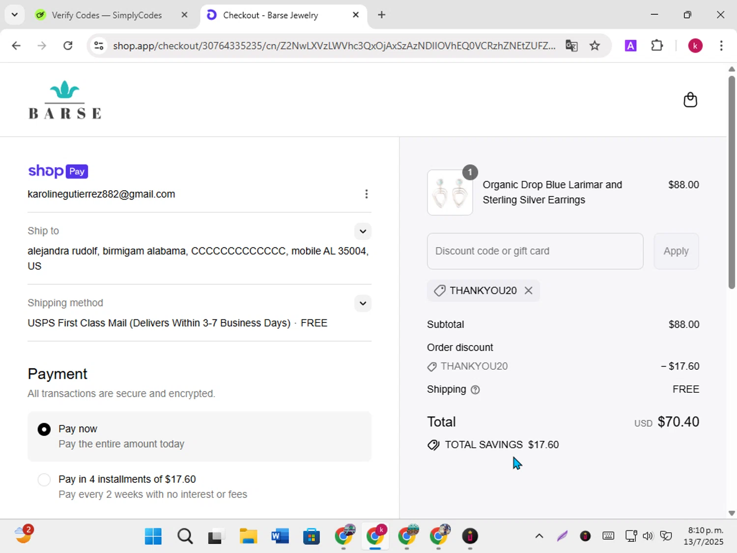 Barse Jewelry promo code screenshot showing code Thankyou20 applied at Barse Jewelry checkout page. Uploaded by SimplyCodes community member karoline on Jul 14, 2025
