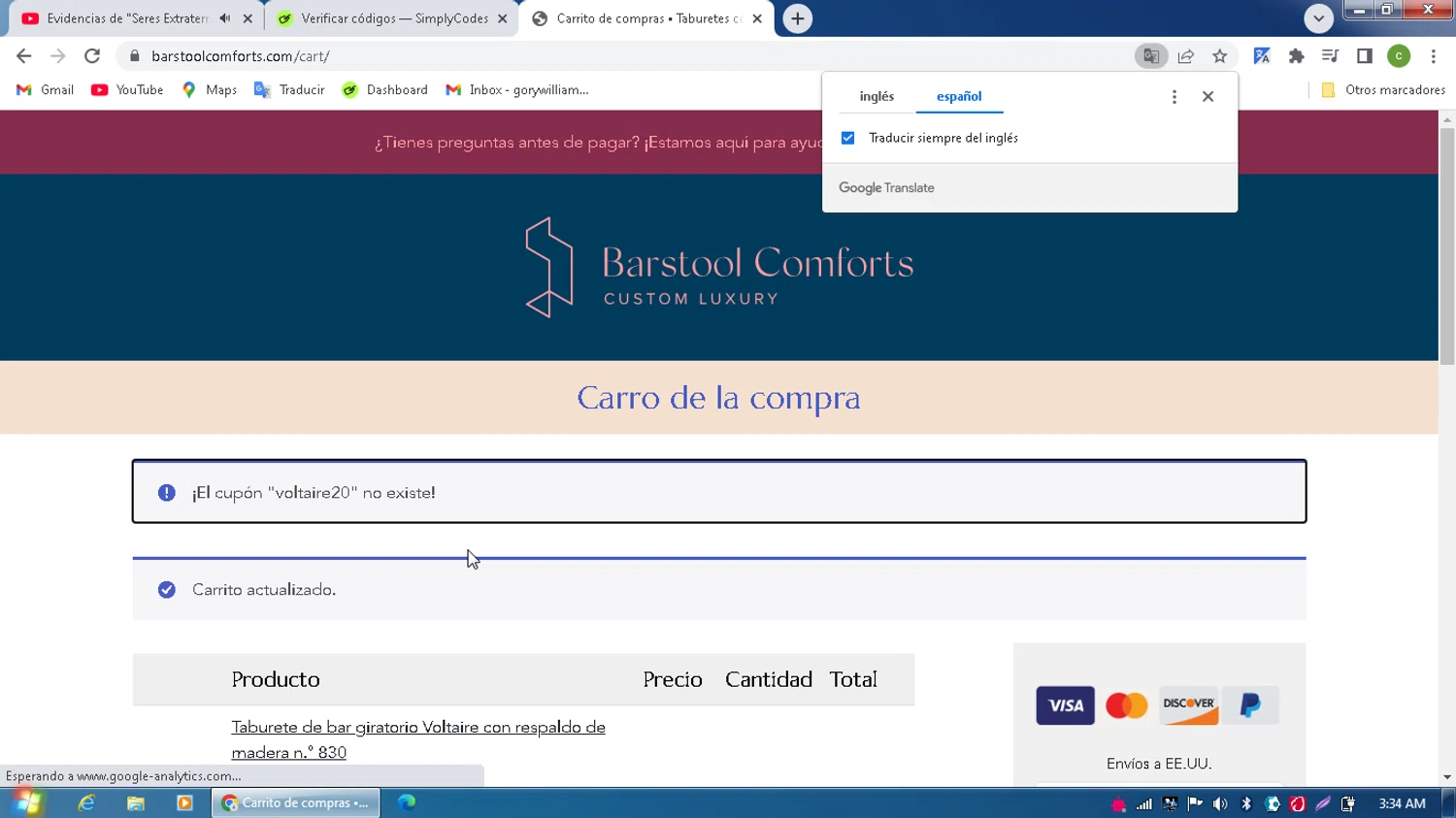 Barstool Comforts promo code screenshot showing code voltaire20 applied at Barstool Comforts checkout page. Uploaded by SimplyCodes community member MagnificentPilot8371 on Mar 30, 2025