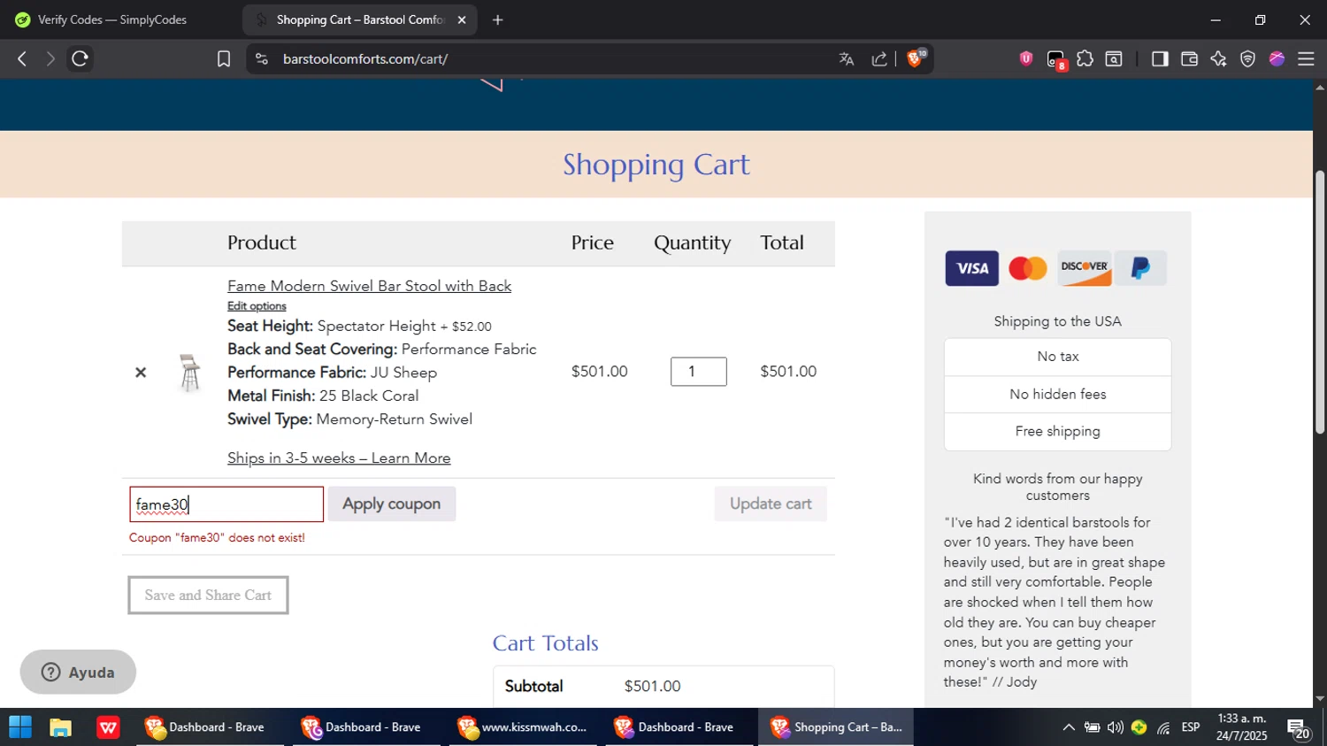 Barstool Comforts promo code screenshot showing code fame30 applied at Barstool Comforts checkout page. Uploaded by SimplyCodes community member Cynoxx on Jul 24, 2025