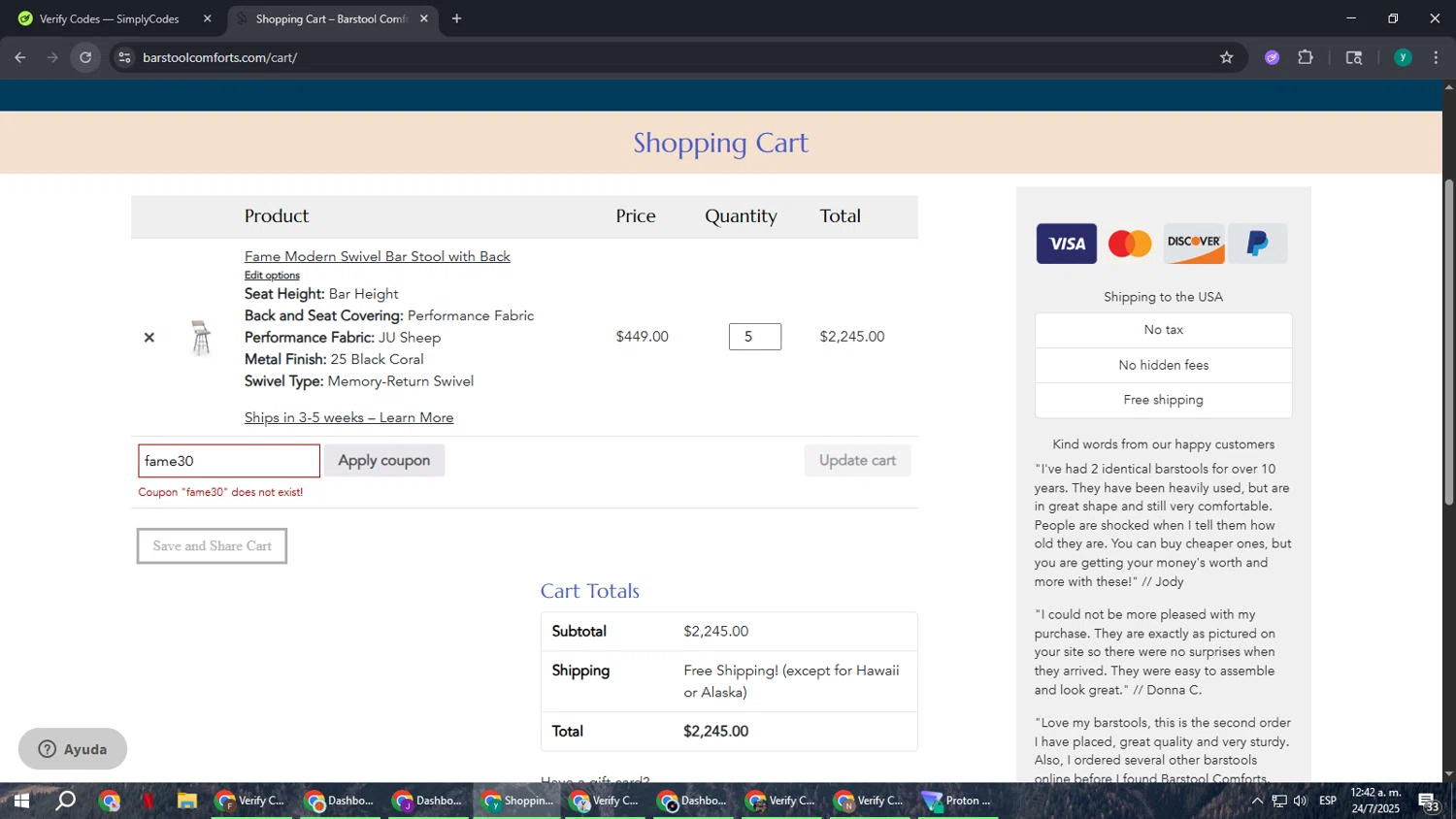 Barstool Comforts promo code screenshot showing code fame30 applied at Barstool Comforts checkout page. Uploaded by SimplyCodes community member FrugalCaptain6906 on Jul 24, 2025