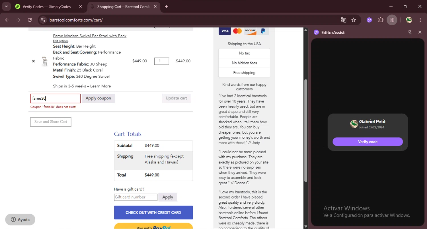Barstool Comforts promo code screenshot showing code fame30 applied at Barstool Comforts checkout page. Uploaded by SimplyCodes community member RewardDefender7173 on Jul 24, 2025
