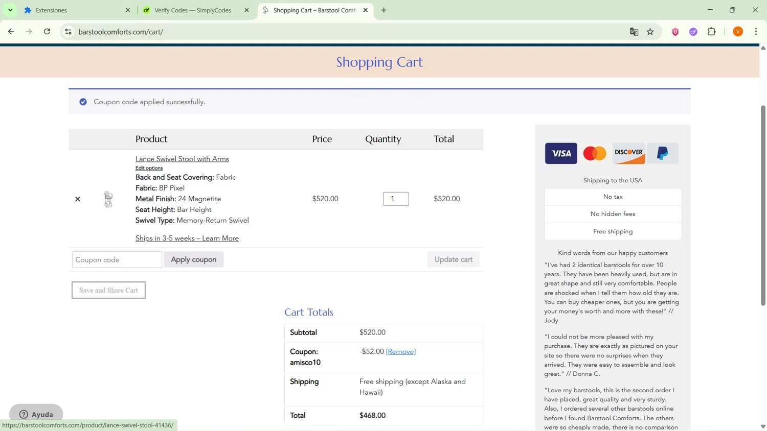 Barstool Comforts promo code screenshot showing code amisco10 applied at Barstool Comforts checkout page. Uploaded by SimplyCodes community member MightyPro2893 on Nov 26, 2025