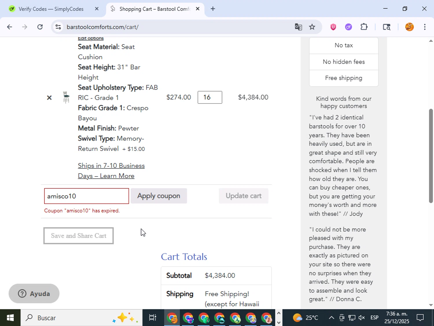 Barstool Comforts promo code screenshot showing code amisco10 applied at Barstool Comforts checkout page. Uploaded by SimplyCodes community member ingri96 on Dec 25, 2025
