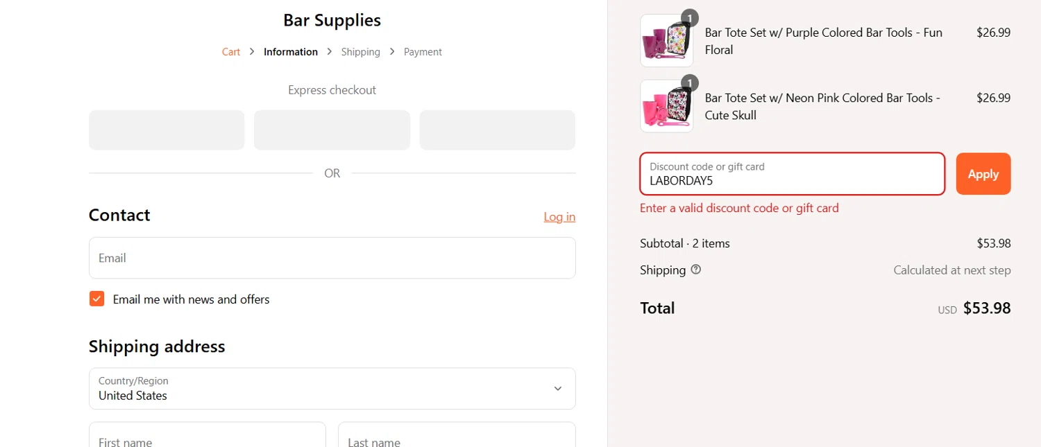 Bar Supplies promo code screenshot showing code LABORDAY5 applied at Bar Supplies checkout page. Uploaded by SimplyCodes community member LieutenantGhost on Apr 11, 2025