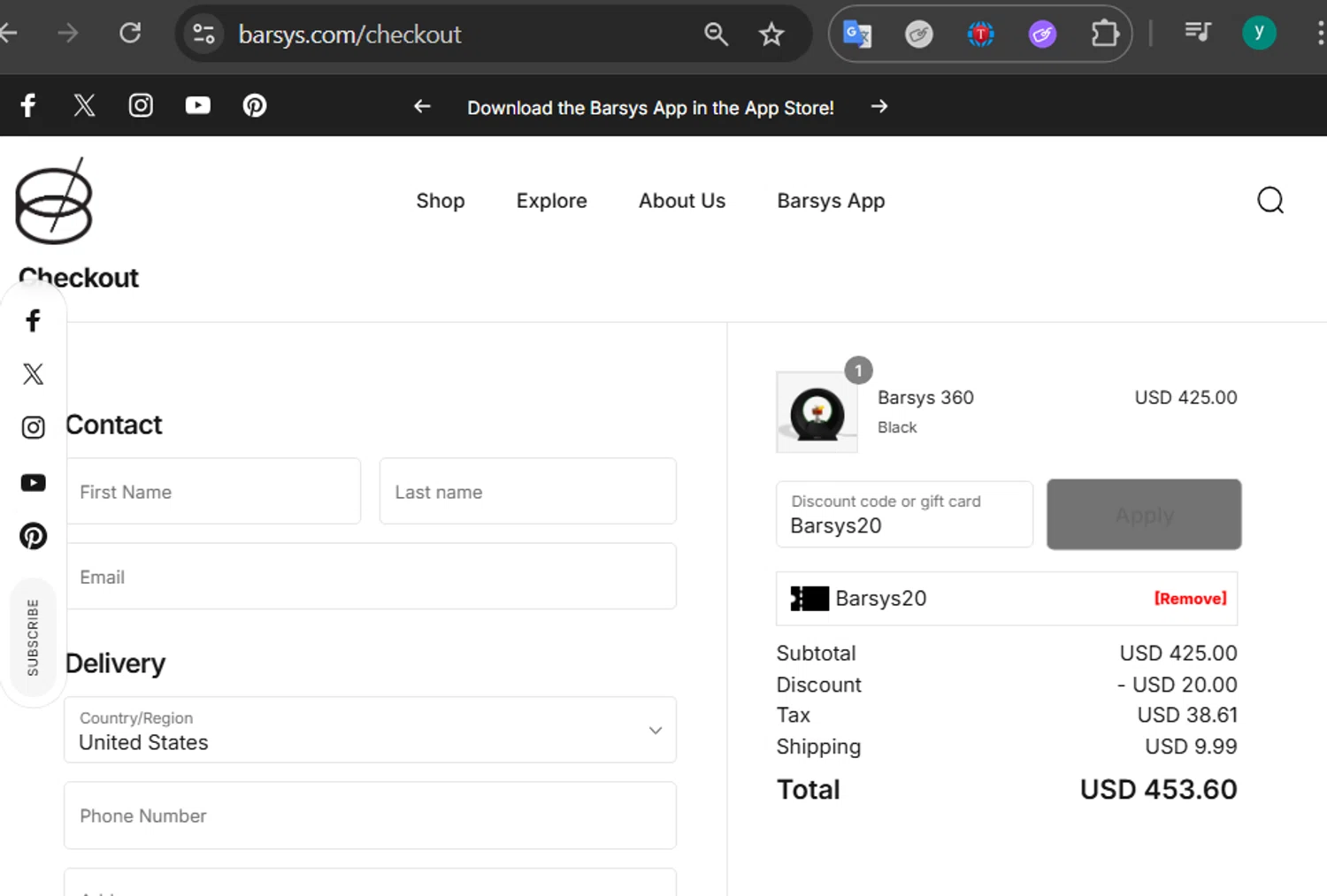 Barsys discount code screenshot showing code Barsys20 applied at Barsys checkout page. Uploaded by SimplyCodes community member 502312 on May 9, 2025