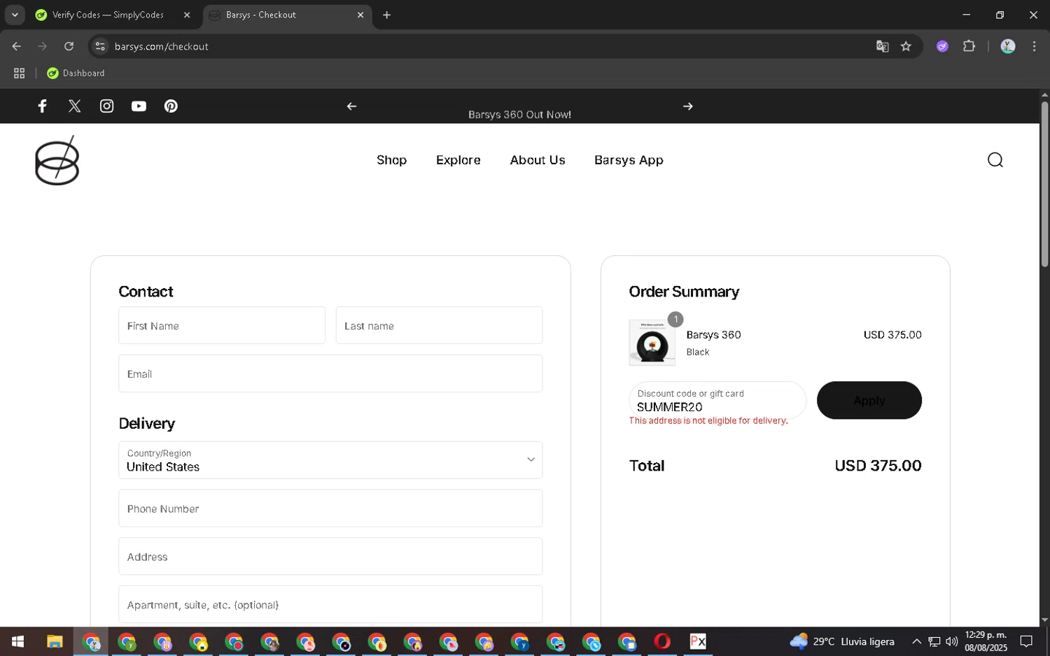 Barsys discount code screenshot showing code SUMMER20 applied at Barsys checkout page. Uploaded by SimplyCodes community member CleverRanger7308 on Aug 8, 2025