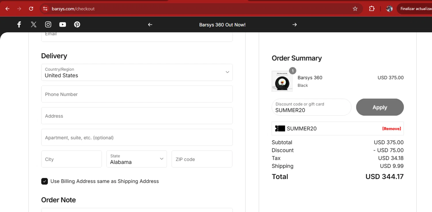 Barsys checkout page showing Barsys discount code box | Screenshot taken by SimplyCodes community member on Jul 10, 2025