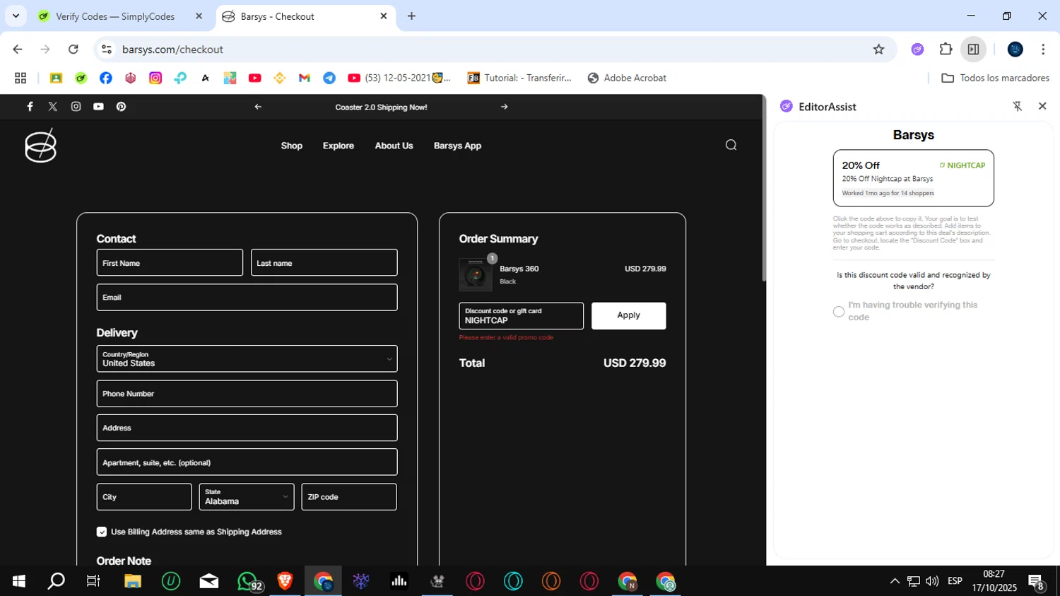 Barsys discount code screenshot showing code NIGHTCAP applied at Barsys checkout page. Uploaded by SimplyCodes community member SunJinWoo on Oct 17, 2025
