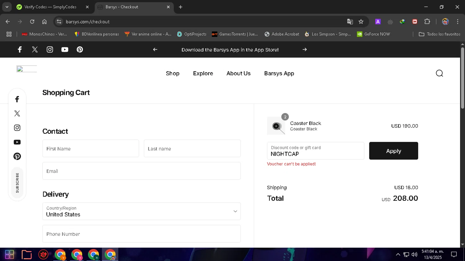 Barsys discount code screenshot showing code NIGHTCAP applied at Barsys checkout page. Uploaded by SimplyCodes community member ThriftyTitan4052 on Apr 13, 2025