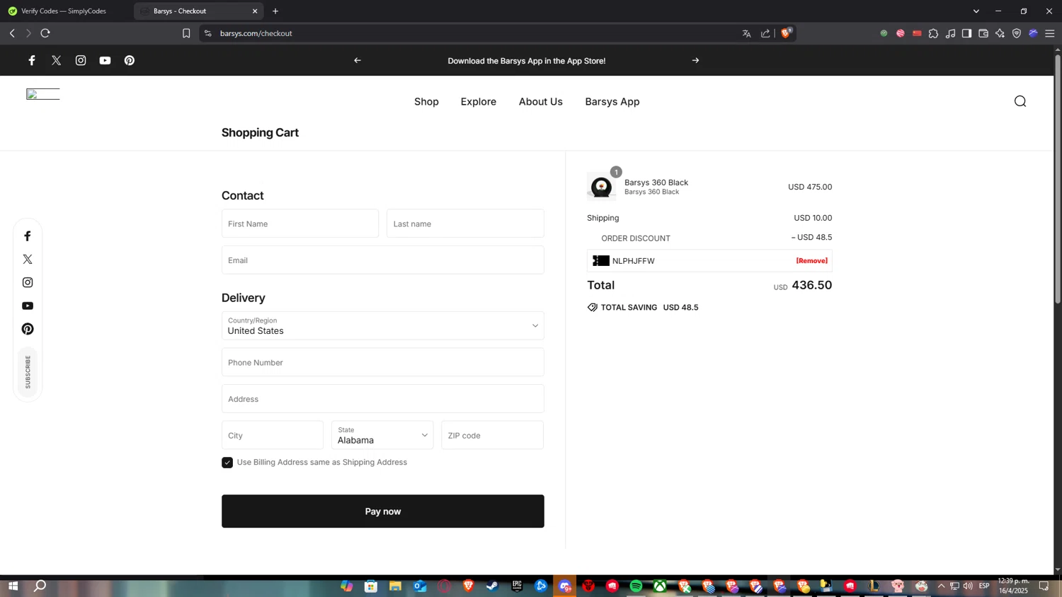 Barsys checkout page showing Barsys discount code box | Screenshot taken by SimplyCodes community member on Apr 16, 2025
