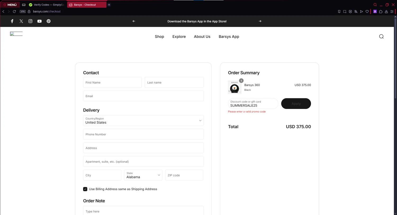 Barsys discount code screenshot showing code SUMMERSALE25 applied at Barsys checkout page. Uploaded by SimplyCodes community member ValueSentinel9696 on Aug 6, 2025
