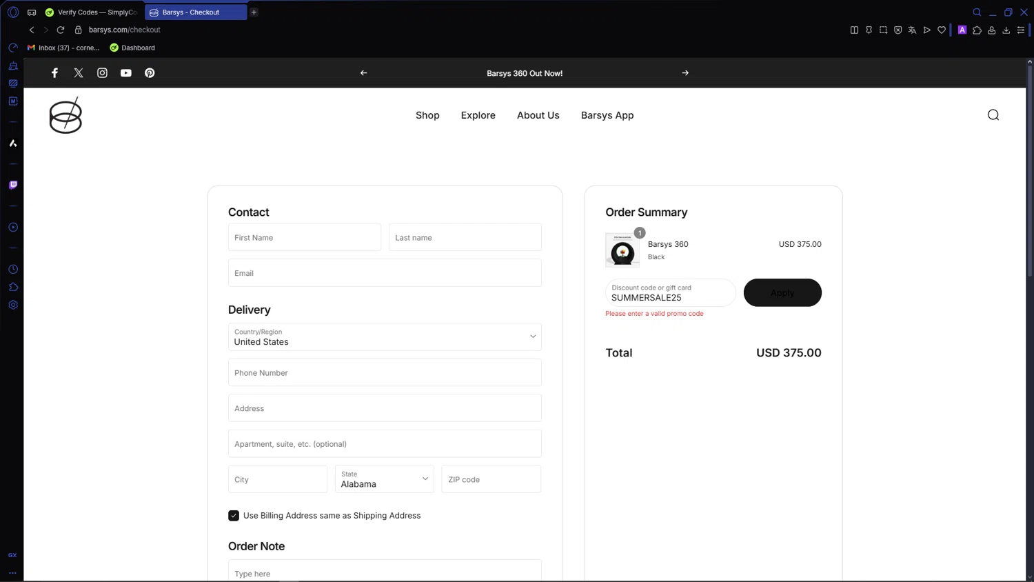 Barsys discount code screenshot showing code SUMMERSALE25 applied at Barsys checkout page. Uploaded by SimplyCodes community member VictoriousCaptain3902 on Aug 6, 2025