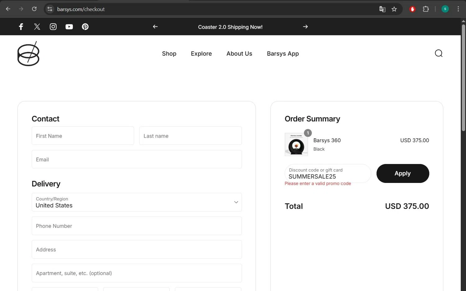 Barsys discount code screenshot showing code SUMMERSALE25 applied at Barsys checkout page. Uploaded by SimplyCodes community member lizimerz on Aug 6, 2025
