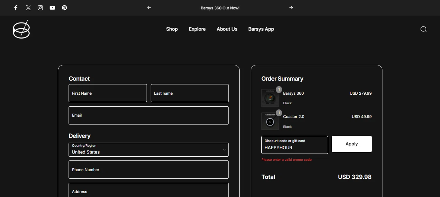 Barsys discount code screenshot showing code HAPPYHOUR applied at Barsys checkout page. Uploaded by SimplyCodes community member JesusCaballero on Nov 7, 2025