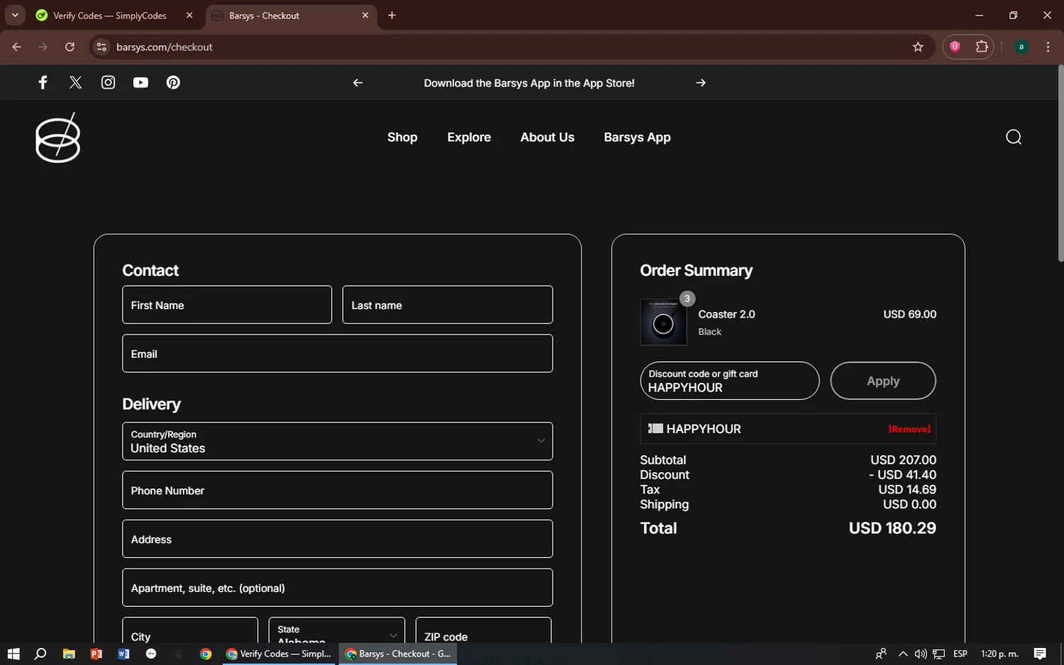 Barsys discount code screenshot showing code HAPPYHOUR applied at Barsys checkout page. Uploaded by SimplyCodes community member zizu55 on Sep 16, 2025