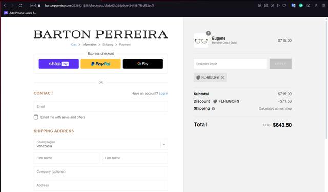 Barton Perreira checkout page showing Barton Perreira discount code box | Screenshot taken by SimplyCodes community member on Jun 22, 2024