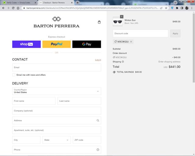 Barton Perreira checkout page showing Barton Perreira discount code box | Screenshot taken by SimplyCodes community member on Jun 29, 2024