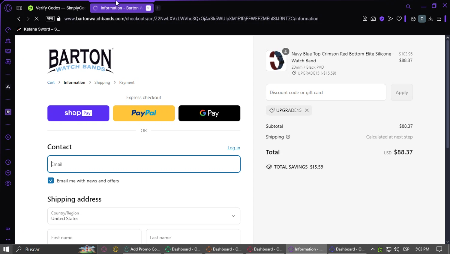 Barton Watch Bands discount code screenshot showing code UPGRADE15 applied at Barton Watch Bands checkout page. Uploaded by SimplyCodes community member GoldMaestro7871 on Mar 8, 2025