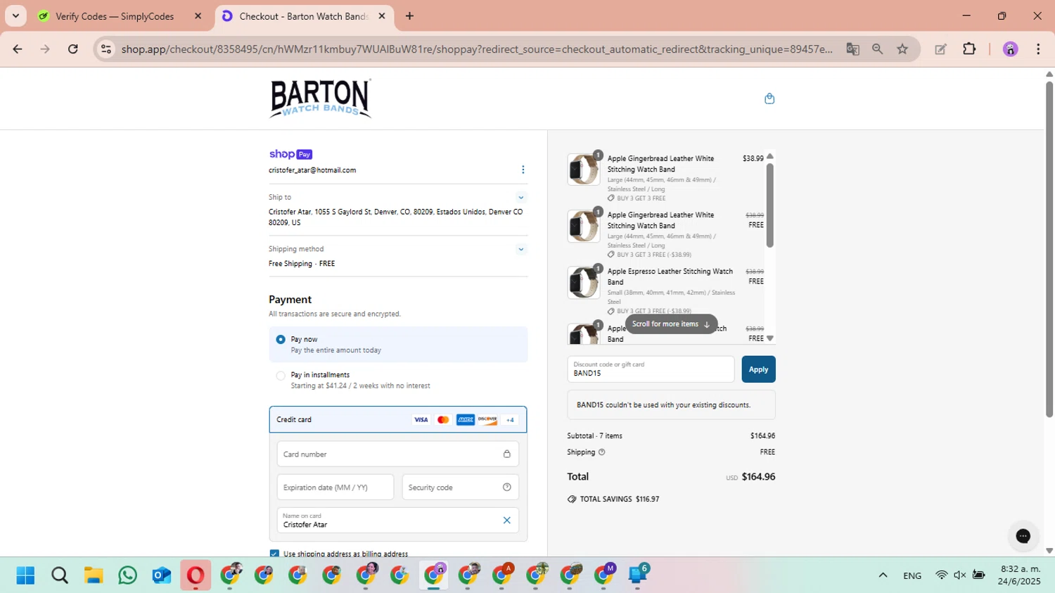 Barton Watch Bands discount code screenshot showing code BAND15 applied at Barton Watch Bands checkout page. Uploaded by SimplyCodes community member MariAPB on Jun 24, 2025