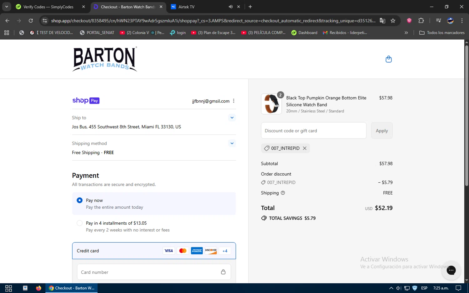 Barton Watch Bands discount code screenshot showing code 007_INTREPID applied at Barton Watch Bands checkout page. Uploaded by SimplyCodes community member SavvySage3352 on Aug 21, 2025