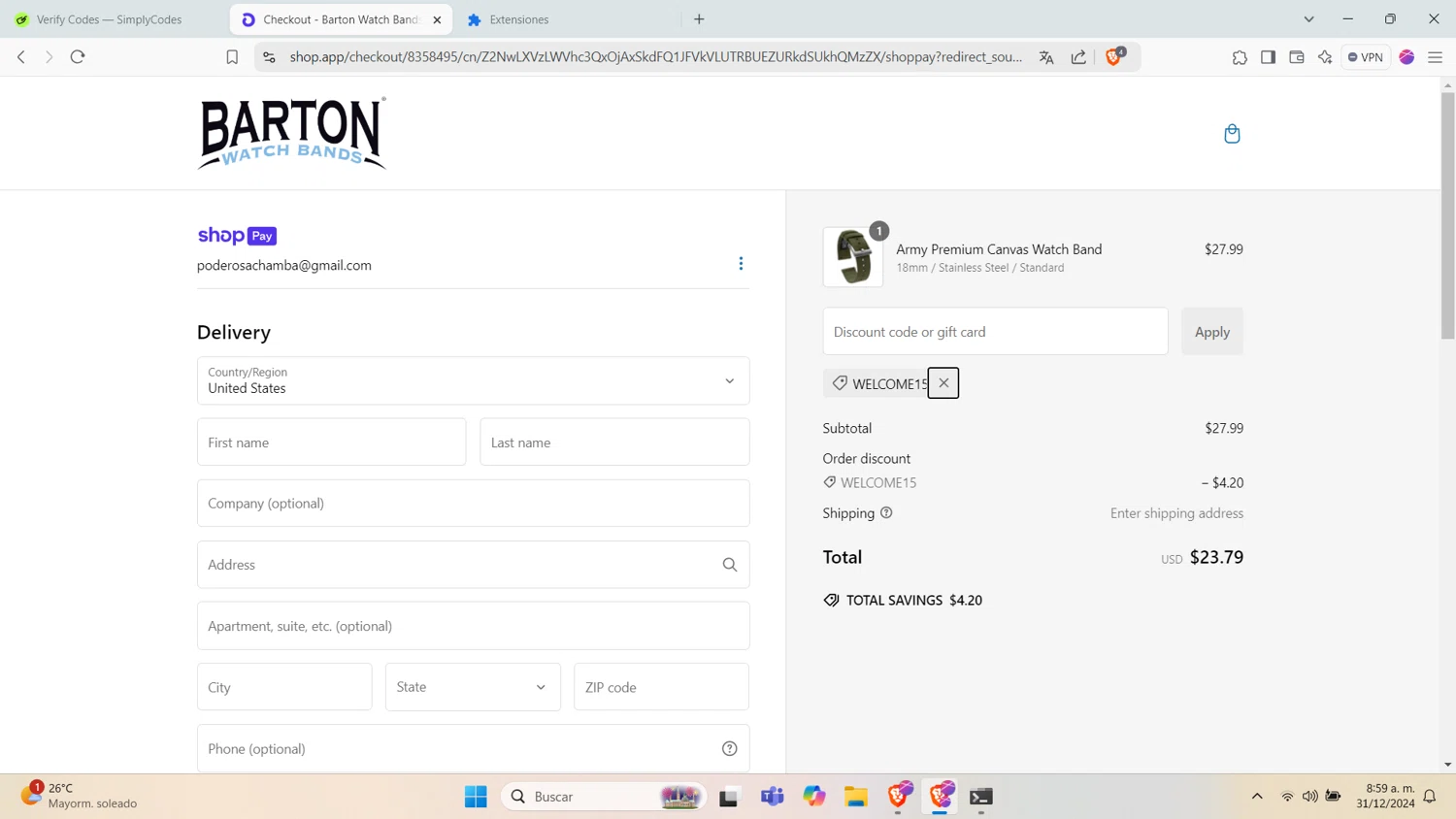Barton Watch Bands discount code screenshot showing code WELCOME15 applied at Barton Watch Bands checkout page. Uploaded by SimplyCodes community member trabajo on Dec 31, 2024