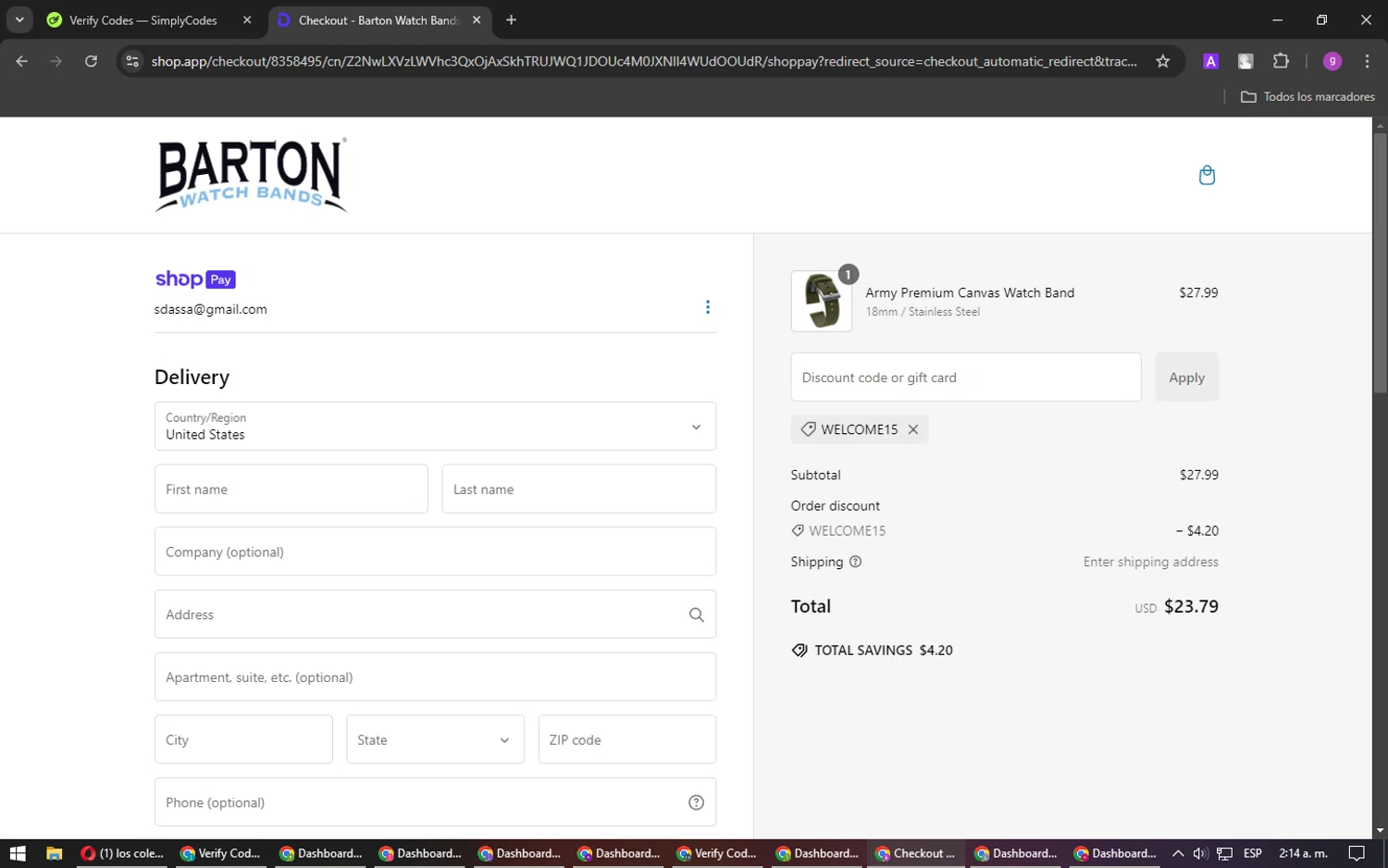 Barton Watch Bands discount code screenshot showing code WELCOME15 applied at Barton Watch Bands checkout page. Uploaded by SimplyCodes community member DealPilot7721 on Jan 17, 2025