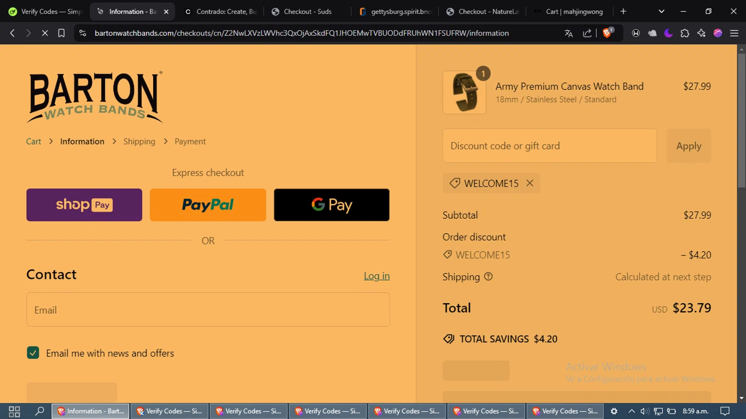 Barton Watch Bands discount code screenshot showing code WELCOME15 applied at Barton Watch Bands checkout page. Uploaded by SimplyCodes community member laleyjose on Dec 31, 2024