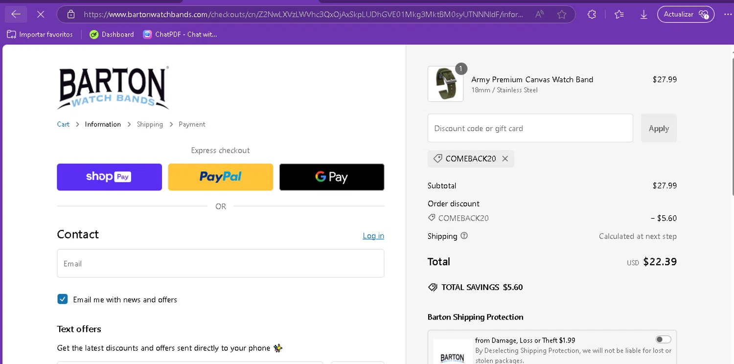 Barton Watch Bands discount code screenshot showing code COMEBACK20 applied at Barton Watch Bands checkout page. Uploaded by SimplyCodes community member FredoGodofredo on Jan 27, 2025