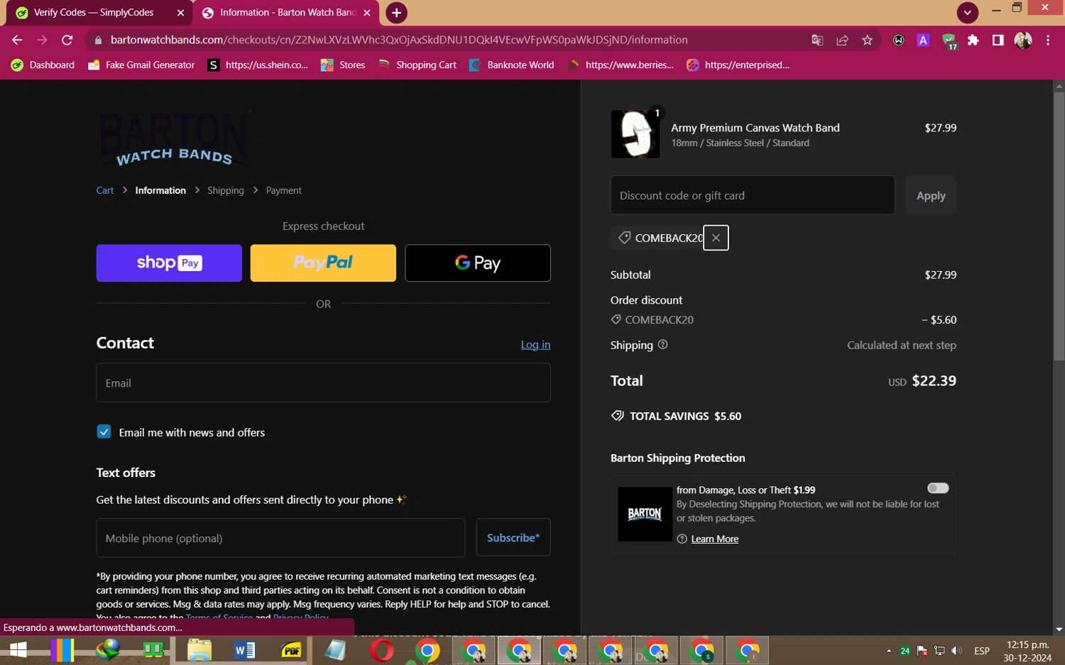 Barton Watch Bands discount code screenshot showing code COMEBACK20 applied at Barton Watch Bands checkout page. Uploaded by SimplyCodes community member RewardFalcon3197 on Dec 30, 2024